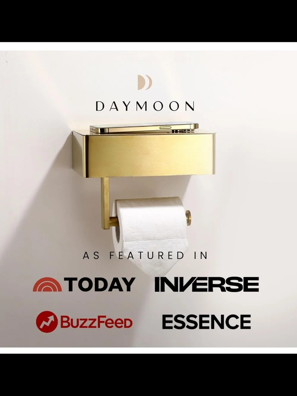 Day Moon Toilet Paper Holder with Shelf, Wipes/Fem Prod Storage Phone Shelf Gold